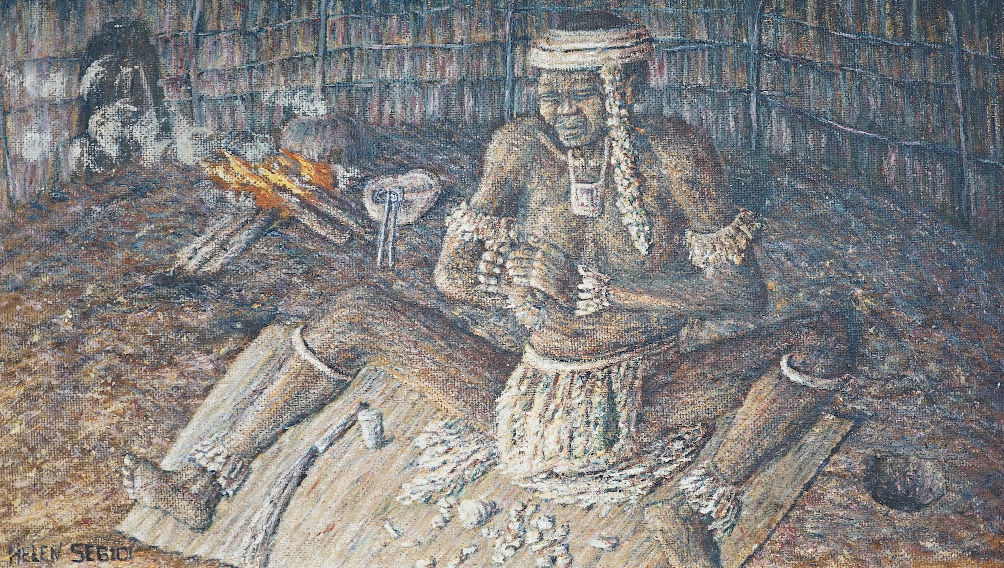 Aboriginal oil on board, Seated figure, indistinctly signed, Helen See?, 30 x 51cm. unframed. Condition - fair